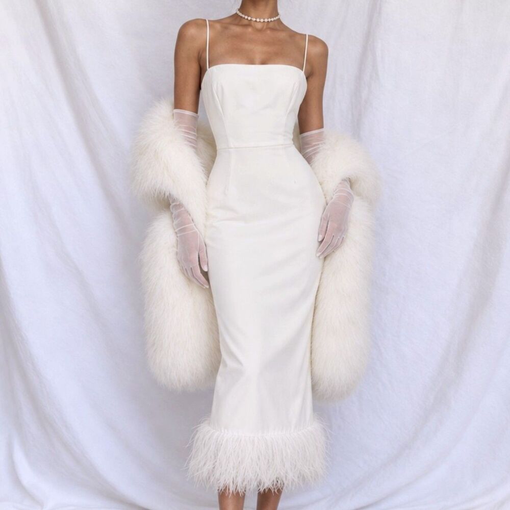 Vintage Y2K 90s White Feather Bodycon Formal Cocktail Prom Midi Dress Size S